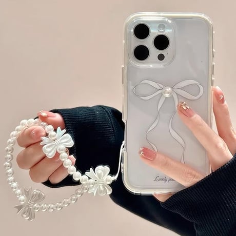 CUTECASE立体パールデコリボン iPhone16Pro/16ケース パールストラップ iPhone15Pro/14/13proカバー 大人可愛い 高級感 CM5205
