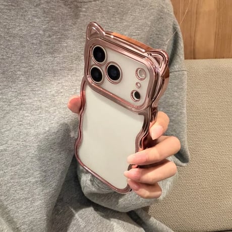 CUTECASE 猫の耳iPhone17Promaxケースラメ入りシール付き アイフォン16/15pro/14/13カバー オシャレ 可愛いうねうね メッキ CM2403