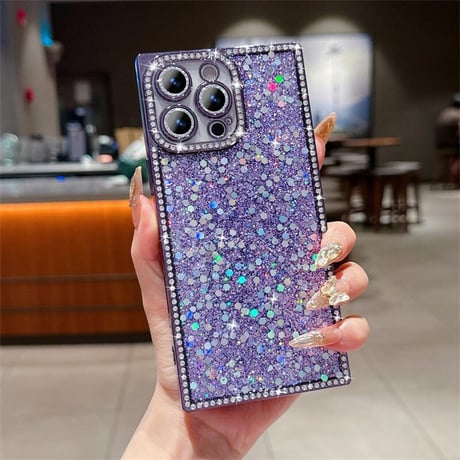 CUTECASEキラキラスクエア iPhone16/16Proケース ジュエリー/ラメ iPhone15promax/14/13Proカバー 四角 おしゃれ カメラ保護CM5468