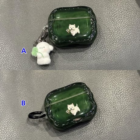 CUTECASE 遊ぶ犬ちゃん AirpodsPro3ケース グリーン Airpods4/3カバー pro2/pro1 可愛い リング/キーホルダー付 うねうね 落下防止CM5984
