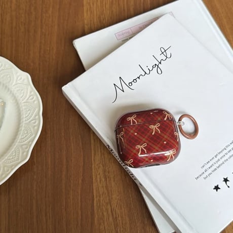 CUTECASE ワインレッド AirPodsPro3ケース リボン柄 ひし形 Airpods4/3ケース AirpodsPro2/Pro1カバー リング付 可愛い 定番アイテムCM5985