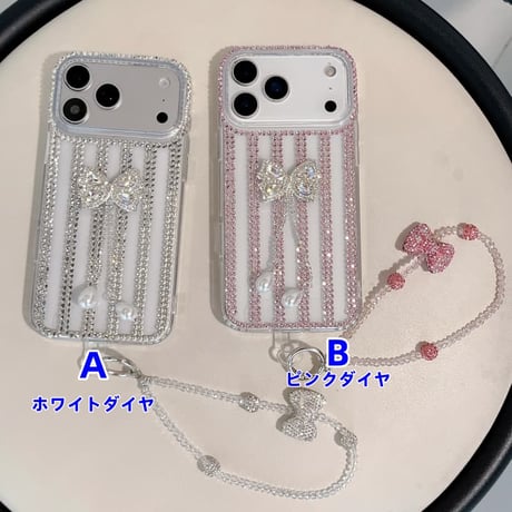 CUTECASE ジュエリー iPhone17Promaxケースフリンジダイヤリボン iPhone16Pro/15/14ース 豪華 リボンストラップ付CM6521
