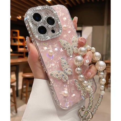 CUTECASE ジュエリー/パールデコ iPhone17/16promaxカバー 蝶々 カメラカバー iPhone15/14/13ケース 綺麗ストラップ キラキラハート入りシェル柄CM5590