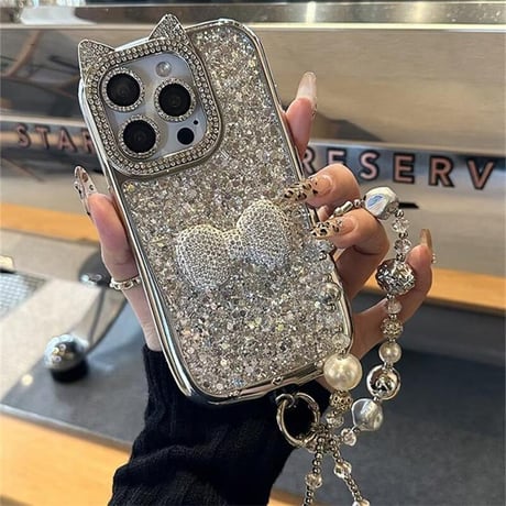 CUTECASEジュエリーリボン iPhone16/16Proケース 猫耳 キラキラグリッター アイフォン15プロ/14/13proカバー おしゃれストラップ 豪華 CM4827