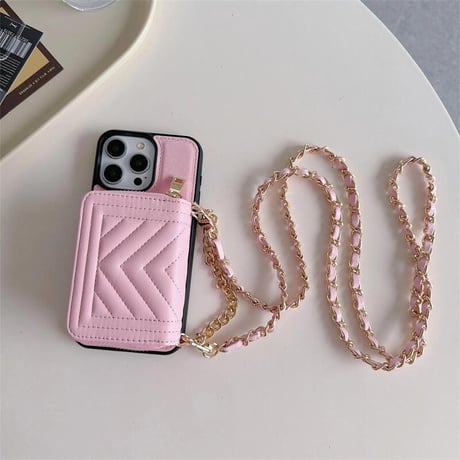 CUTECASEカード/小物入れ付 アイフォン15プロ/15ケース レザー ショルダーチェーン付 iPhone14pro/13/12promaxカバー 高級感 セレブ愛用CM4253