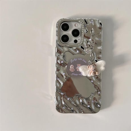 CUTECASE熊ちゃんミラー iPhone16/16proケース 可愛いバックチャーム付 iPhone15pro/14pro/13カバー 艶感 可愛い CM5419