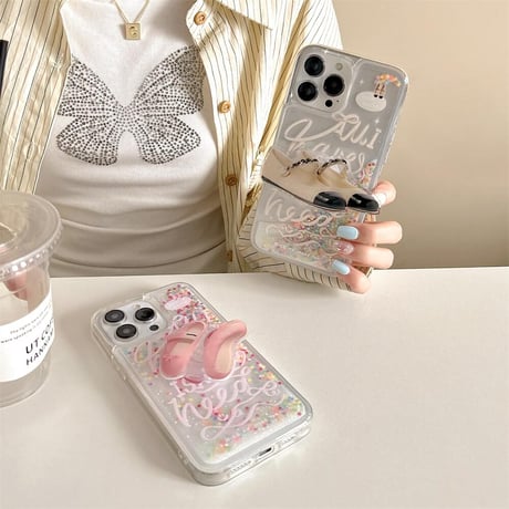 CUTECASE靴グリップ付 iPhone15Pro/15ケース 動くグリッター入り アイフォン14promax/13/12ケース キラキラ 女子力アップCM4438