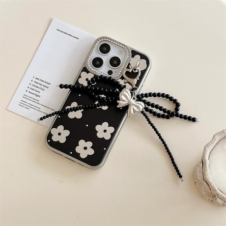 CUTECASE鏡付花 iPhone16pro/16ケース ジュエリー リボンチャーム iphone15pro/14/13proカバー 大人可愛い 女子力高いCM5188