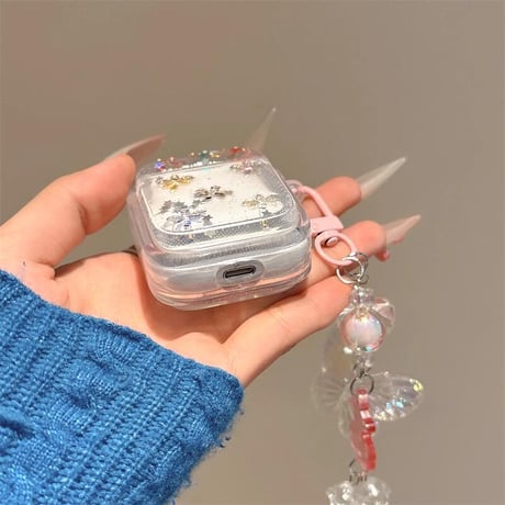CUTECASEカゲロウ Airpods 4ケース 蝶キーチェーン付 かわいい Airpods3/Pro2ケース airpodsproカバー キラキララメ ギフトにおすすめCM5226
