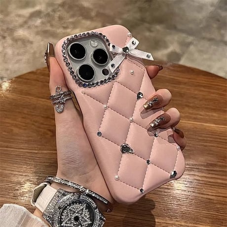 CUTECASEダイヤ iPhone16/16Proケース レザー キルティング iPhone15pro/14/13/12Proカバー ピンク 上品 女子力高い きれいめコーデ 耐衝撃CM4948