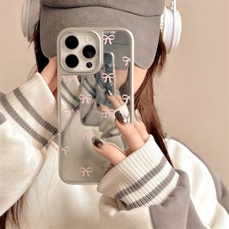 CUTECASEリボン ミラーiPhone16Pro/16ケース リボンキーチェーン iPhone15Pro/14/13proカバー 大人可愛い 高級感 CM5216