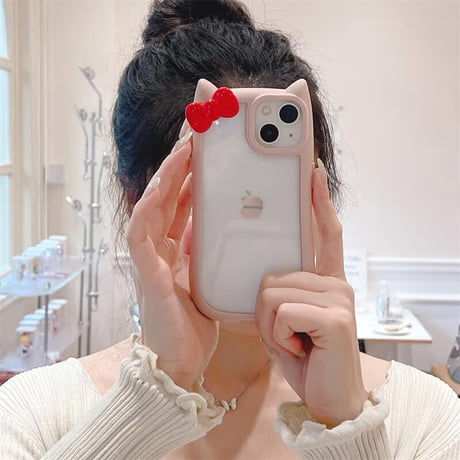 CUTECASE 猫の耳 iPhone15/15proケース リボンデコ iphone14promax/13pro/12カバー 可愛い 黄ばまないCM4301
