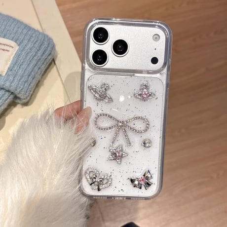 CUTECASEジュエリーリボン iPhone17/17Proケース キラキラ感 シック iPhone16Pro/15Promax/14ケース クリア きれい CM6070