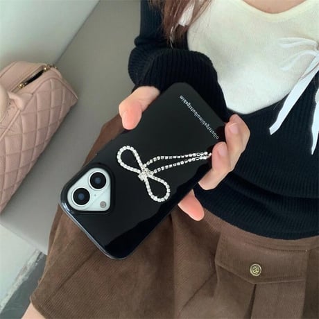CUTECASEジュエリーリボン iPhone16/16Proケース 高級感 きれいめコーデ iPhone15/14/13/12Proカバー ブラック 女子力高い CM4910