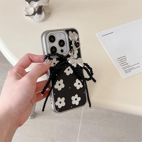 CUTECASE鏡付花 iPhone16pro/16ケース ジュエリー リボンチャーム iphone15pro/14/13proカバー 大人可愛い 女子力高いCM5188