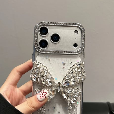 CUTECASE ジュエリー蝶デコ iPhone17Pro/17ケース キラキラ 綺麗 iPhone16Pro/15カバー パールストラップ 女子力高い CM5855