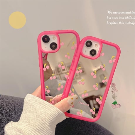 CUTECASE チェリーミラーiPhone15/15proケース ストラップ付 iPhone14/13pro/12ケース レンズフイルム付 丈夫C6024