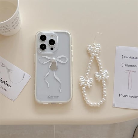 CUTECASE立体パールデコリボン iPhone16Pro/16ケース パールストラップ iPhone15Pro/14/13proカバー 大人可愛い 高級感 CM5205