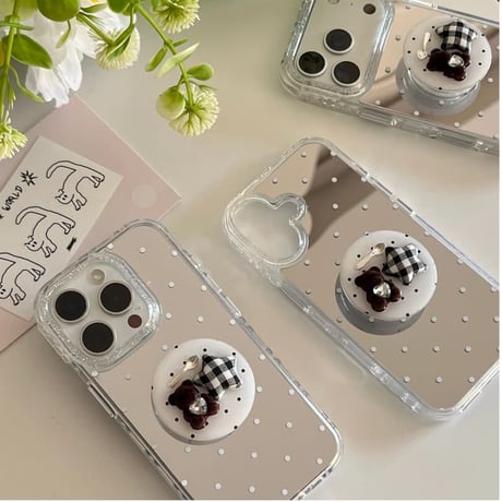 CUTECASE水玉模様ミラー iPhone17pro/17ケース 熊グリップ iPhone16/15promax/14ケース かわいい 多機能便利CM6352