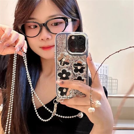 CUTECASE鏡付花 iphone15/15proケース ショルダーチェーン付 アイフォン13/14pro/12カバー キラキラグリッター 可愛いCM4459