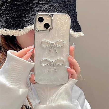CUTECASE 流行の要素ジュエリーリボン iPhone16/15proケース ホワイト iPhone14/13proケース かわいい 女子力アップ 高級感CM4120