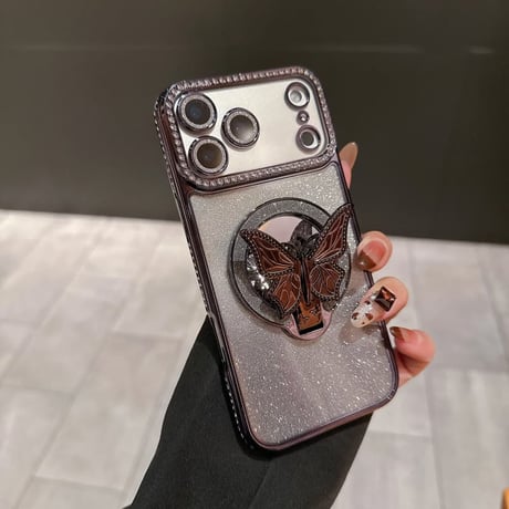 CUTECASE 鏡付蝶スタンド iPhone17Pro/17ケース メタリックカラー iPhone16/15ProMax/14ケース ラグジュアリー感 キラキラライン 大人気 レンズ保護CM6240