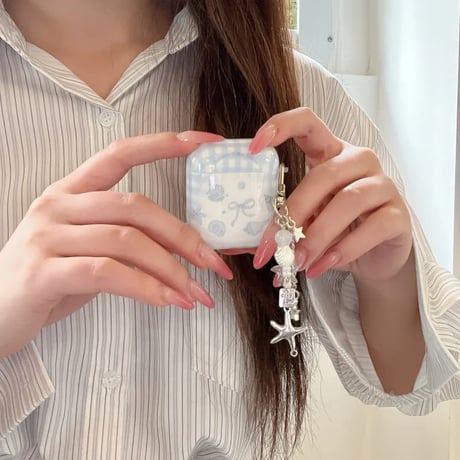 CUTECASE ブルーリボン柄 Airpods Pro3ケース 貝殻キーホルダー Airpods 4/3カバー AirpodsPro2/1 大人可愛いCM6297