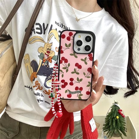 CUTECASEサクランボ柄 iPhone16/16proケース ストラップ付 iphone15pro/14/13proカバー 綺麗 女子力高いCM4781