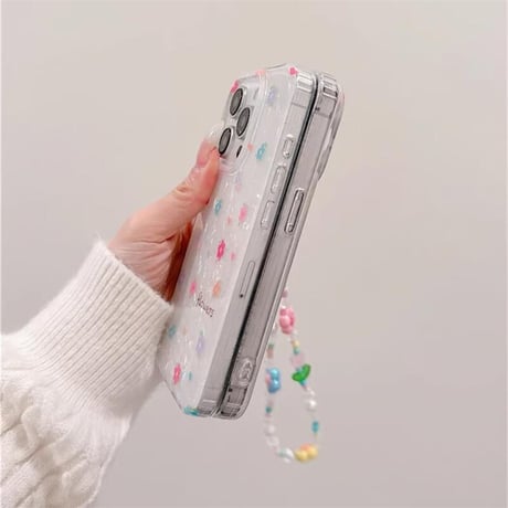 CUTECASE春におすすめ iPhone16pro/16ケース 花柄 シェル風 iphone15pro/14/13proカバー 花ストラップ 可愛い 淡色系CM5130