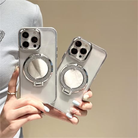 CUTECASEミラースタンド付 iPhone15/15plusケース 透明 iPhone14promax/13/12proカバー シンプル ラメ入りCM4537