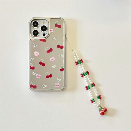 CUTECASEサクランボ 鏡 iPhone15/15proケース パールストラップ付 アイフォン14/13pro/12ケース かわいい 夏に人気CM4389