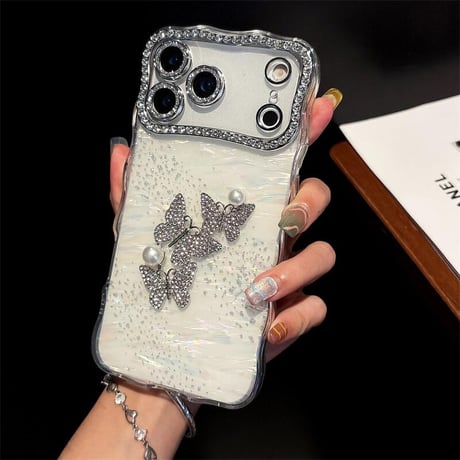 CUTECASEジュエリーカメラカバー iPhone17Pro/17ProMaxケース 蝶々デコ iPhone17/Airカバー シェル風 キラキラ うねうね CM5735