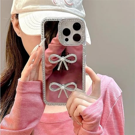 CUTECASEパール/ジュエリーリボン iPhone16/16Proケース 鏡付き iPhone15plus/14pro/13カバー おしゃれ 女子力高い めっちゃ可愛いCM5334