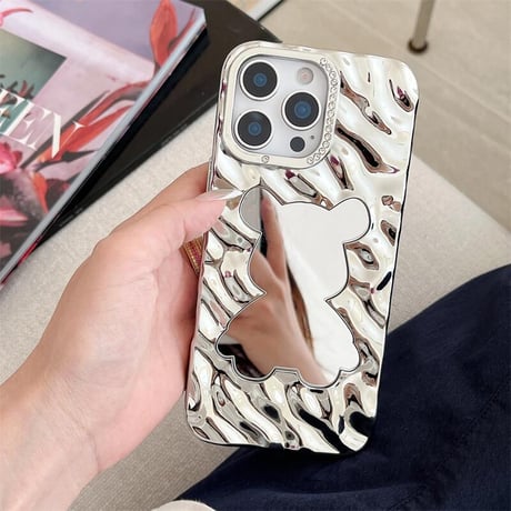 CUTECASE熊ミラー iPhone16pro/16カバー 艶感 iPhone15promax/14/13ケース ストーン シック おしゃれ CM5497