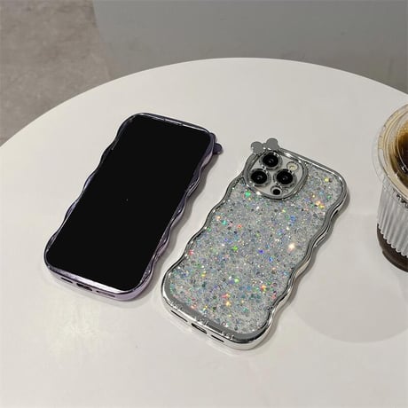 CUTECASEうねうねキラキラ iPhone16/16Proケース リボンデコ iPhone15Pro/14/13カバー グリッター入り 女子力UP CM4788