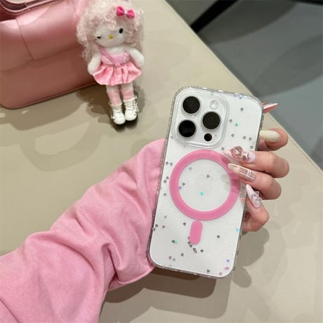 CUTECASEストロベリーグリップ iPhone16pro/16ケース マグネット ハートグリッター入り iPhone15promax/14/13proケース 多機能 女子力UP 可愛いCM5223