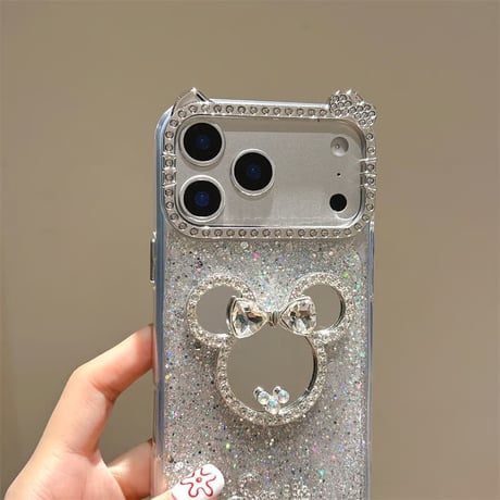 CUTECASE ジュエリーミラー iPhone17Pro/17ケース キラキララメ iPhoneAir/17ProMax/16Pro/15カバー 耳とリボン付き 可愛すぎ CM574
