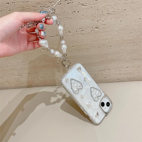 CUTECASEガールズに人気 iPhone15pro/15ケース パール/ハート ストラップ付 アイフォン14pro/13/12カバー 女子力高い トレンドCM4391