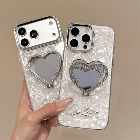CUTECASE ハート型ミラースタンド iPhone17Promaxケース シェル風 艶感 iPhone17Pro/16Promax/15Pro/14Proカバー 高機能 おしゃれ CM6386