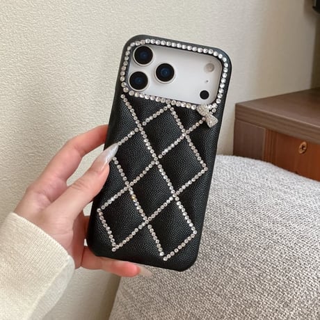 CUTECASE 高級感ビジュー iPhone17Promaxケース キルティングデザイン 菱形 iPhone16promax/13proカバー ダイヤリボン 上品 オトナ可愛い CM6034