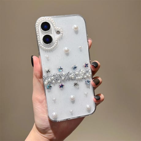 CUTECASEハンドメイド iPhone16plus/16proケース パール/ダイヤデコ iPhone15/14/13promaxカバー 高透明 かわいい 女子力高い CM5360