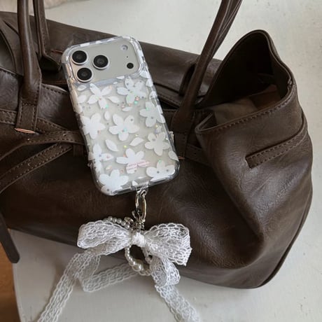 CUTECASE 韓国っぽ iPhone17pro/17ケース 白花 レースリボンキーホルダー iPhone16/15proケース 可愛い 女子力高いCM6153
