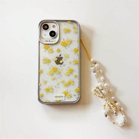 CUTECASE黄色薔薇柄 iPhone15/15proケース ストラップ付 iPhone14/13pro/12promaxケース かわいい きれいCM4471