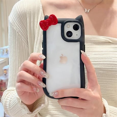 CUTECASE 猫の耳 iPhone15/15proケース リボンデコ iphone14promax/13pro/12カバー 可愛い 黄ばまないCM4301