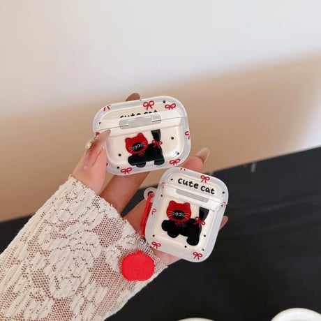 CUTECASE cute cat AirpodsPro3ケース リボン柄 エアポッズ4/3 AirpodsPro2/Proカバー リング/猫キーホルダー ギフトにおすすめ CM6015