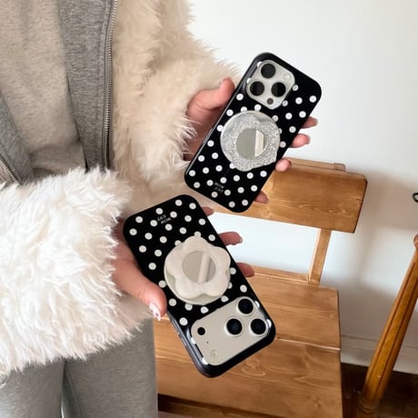 CUTECASE 花型ミラーグリップ付 iPhone17pro/17ケース 水玉模様 MagSafe対応 iPhone16/15proケース 耐久性 韓国っぽ ガーリーファッションCM6058
