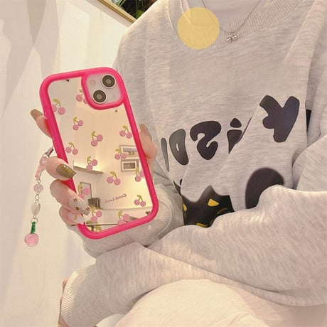 CUTECASE チェリーミラーiPhone15/15proケース ストラップ付 iPhone14/13pro/12ケース レンズフイルム付 丈夫C6024