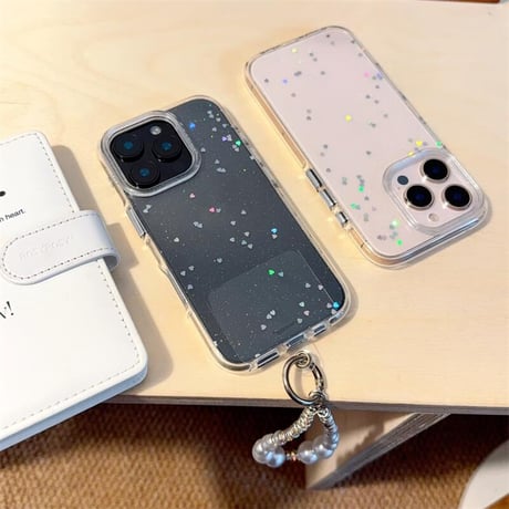 CUTECASEハートグリッター iPhone16pro/16ケース 高透明 パールストラップ iPhone15pro/14/13カバー 可愛い 高級感たっぷりCM5219