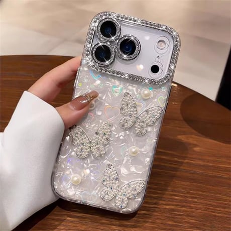 CUTECASE パール蝶 iPhone17Pro/17ケース シェル調 キラキラハート柄 iPhone17promax/17Air/16ケース レンズフイルム付き 大人可愛い CM5695