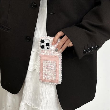 CUTECASEカード収納 ツイード生地 iPhone16Pro/16ケース セレブ愛用 エレガント iPhone15Pro/14/13Promaxカバー 便利 秋冬に流行るCM4854